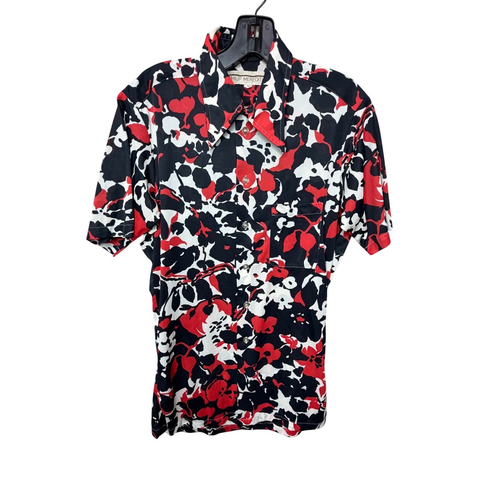 VTG 70's Philip Meredith Mens Red Black White Abstract Floral Disco Mod Shirt M
